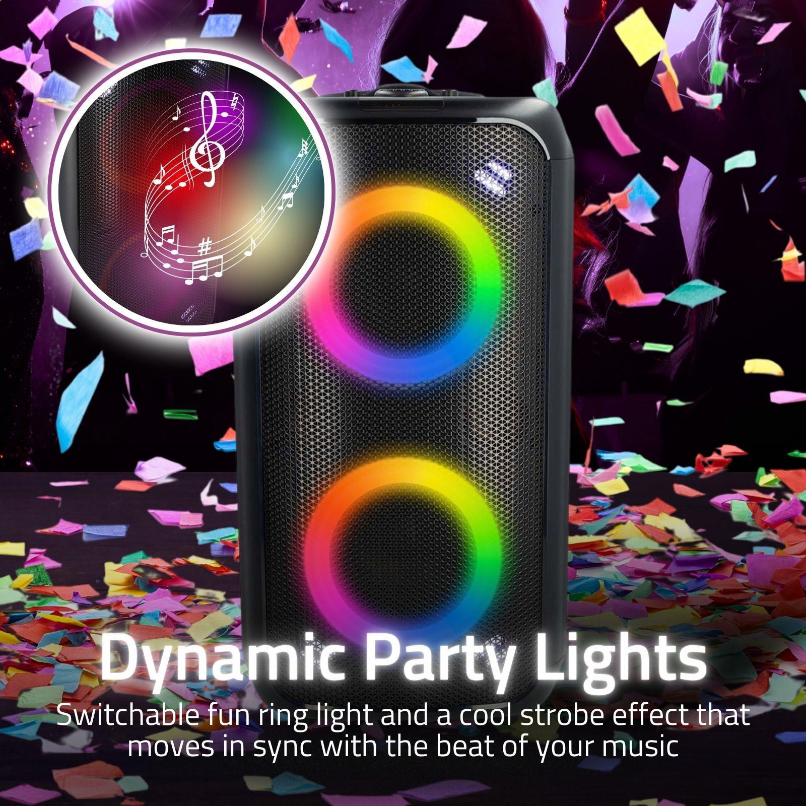 Nedis Party Box 240w Wireless Bluetooth Party Speaker, 5H Playtime, Portable Design, Dynamic Light Show, IPX4 Splashproof, AI Sound Boost, Microphone Input, Black
