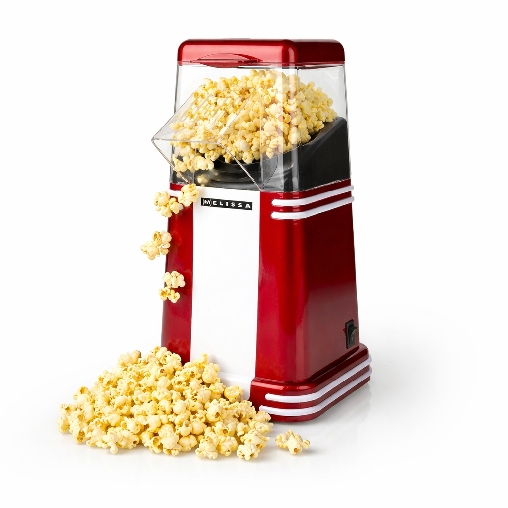 MELISSA Hot Air Popcorn Maker, Retro Table Top Machine for up to 60g of Healthy and Low Fat Popcorn, 1200W - Red/White