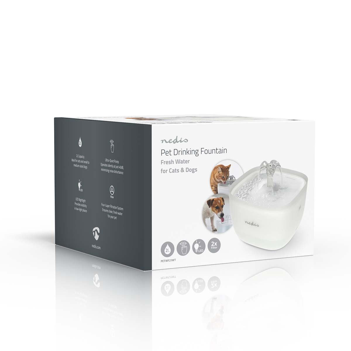 Nedis Pet Water Fountain 2L Automatic Cat & Dog Drinking Fountain, Filtered Water Dispenser, Quiet Pump, LED Light, BPA-Free
