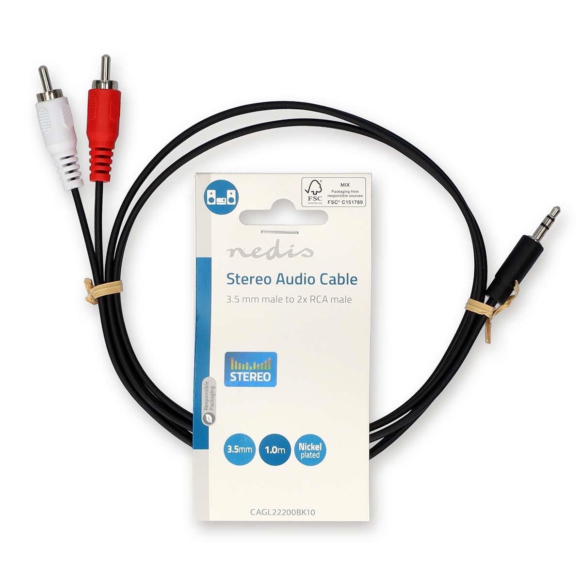 Nedis Stereo Audio Cable | 3.5 mm Male | 2x RCA Male | Nickel Plated | 1.00 m | Round | Black | Label