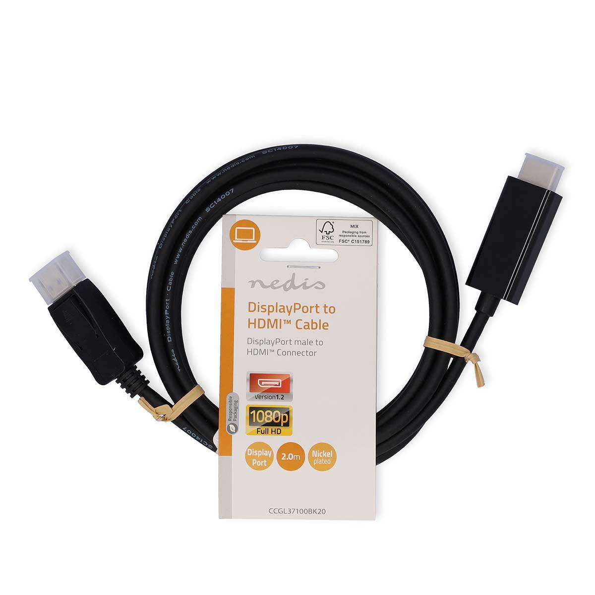 Nedis DisplayPort Cable | DisplayPort Male | HDMI™ Connector | 1080p | Nickel Plated | 2.00 m | Round | PVC | Black | Label