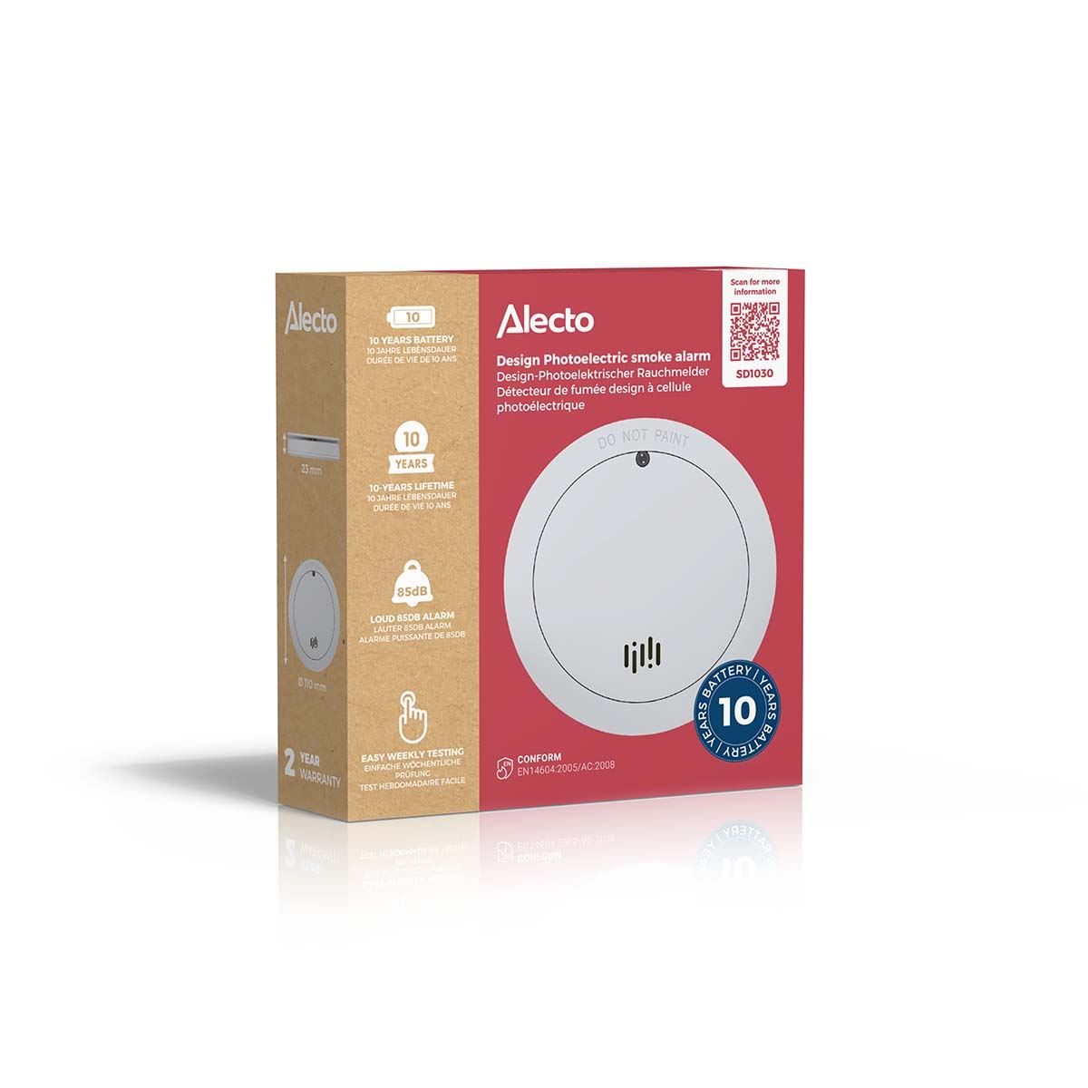 Alecto SD1030 Smoke detector with Runtime Sensor | >85 dB | 10 Year Battery Included | EN14604:2005/AC:2008 | White
