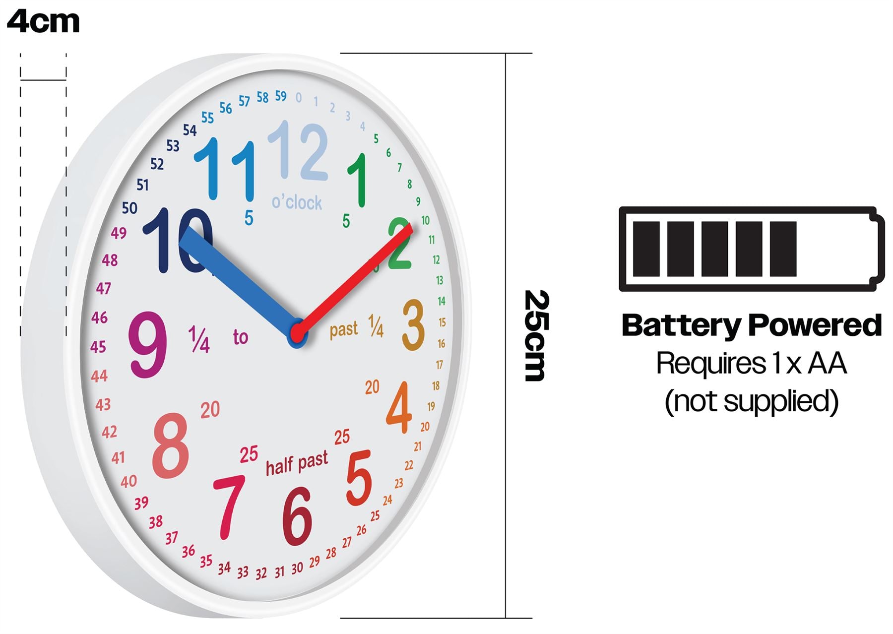 25cm Large Kids Time Teach Kids Wall Clock Bedroom School Home - White