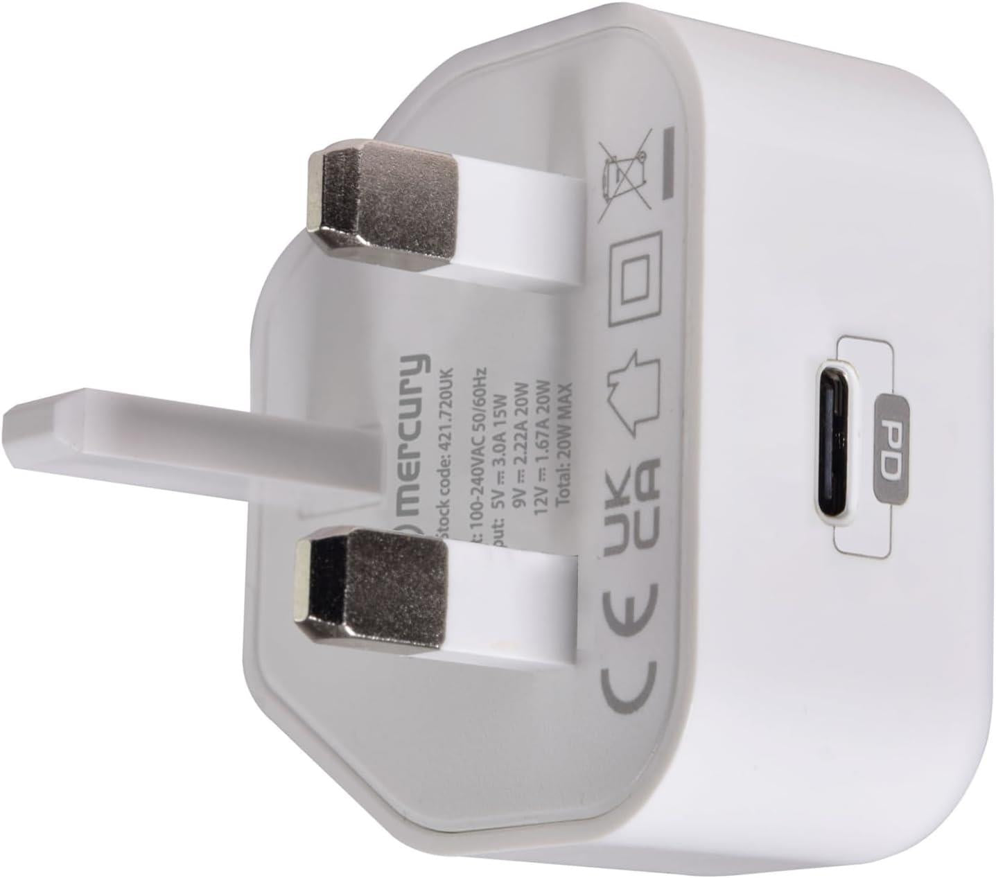Mercury Fast Charge 20W PD USB-C Charger | Compact & Lightweight Mains Adapter for iPhone, iPad, AirPods, USB-C Devices | Super-Fast Charging with PD3.0 & PPS Technology