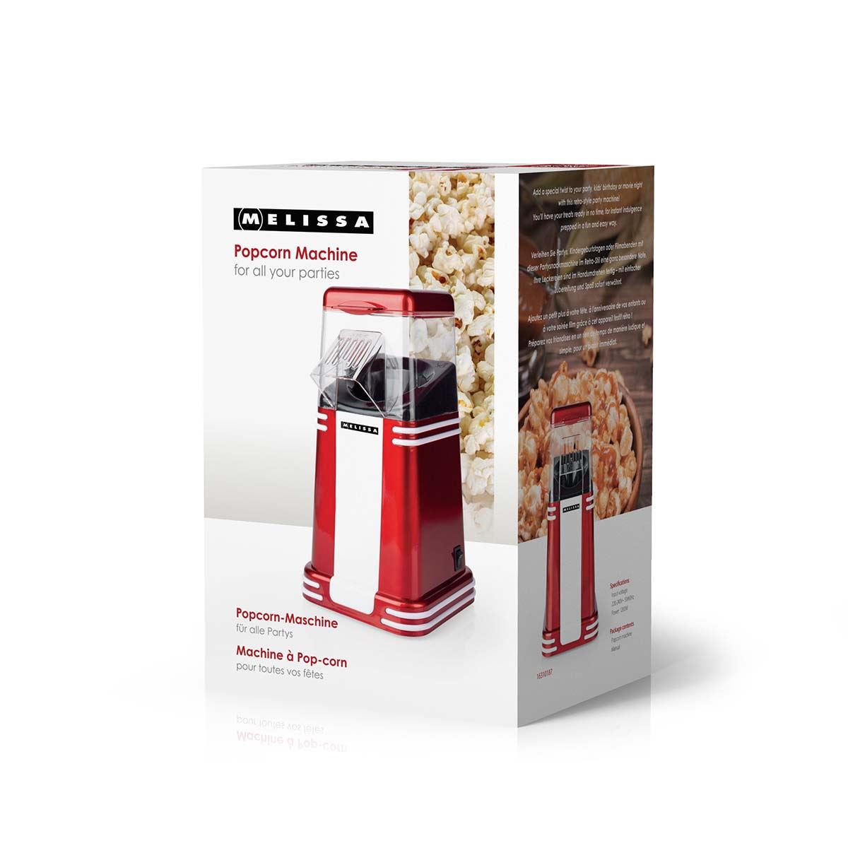 MELISSA Hot Air Popcorn Maker, Retro Table Top Machine for up to 60g of Healthy and Low Fat Popcorn, 1200W - Red/White