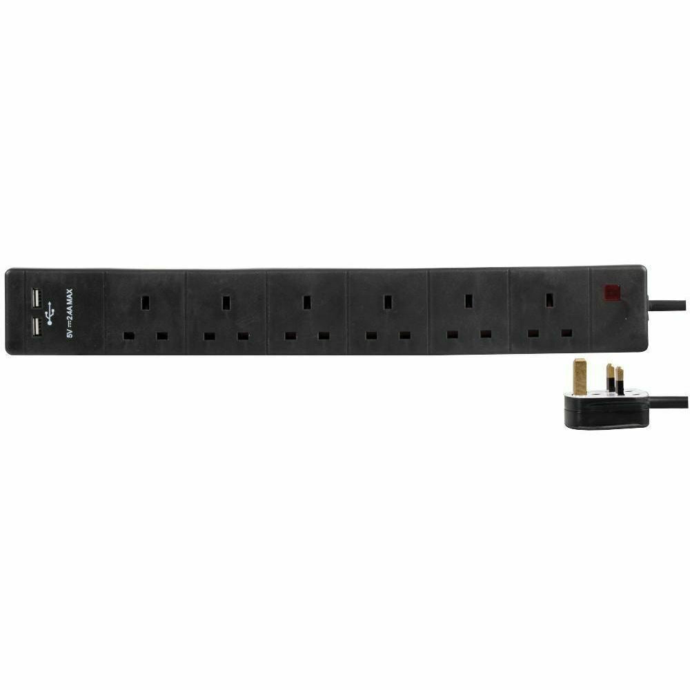 6 Gang 2m Mains Extension Lead Socket 13A with USB Charge Ports - Blac
