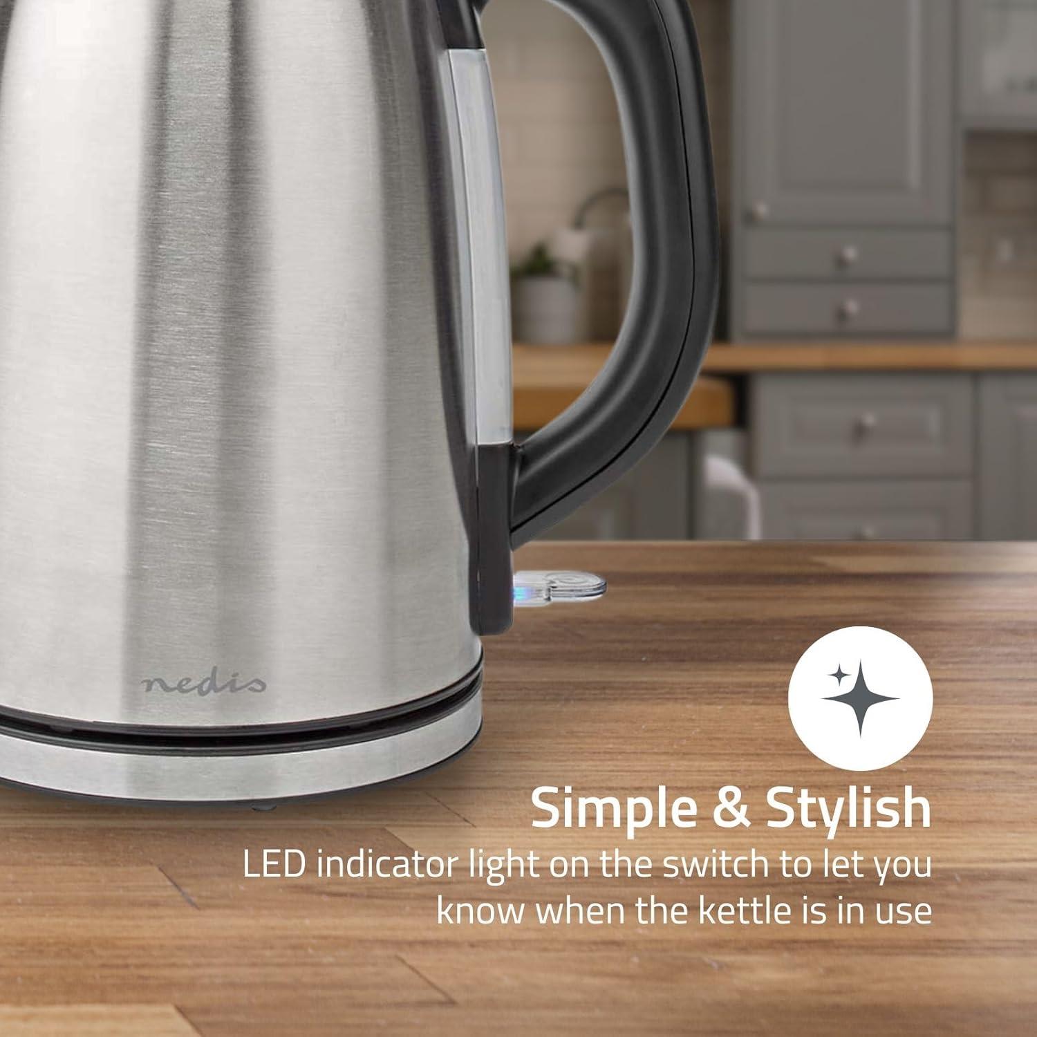 Nedis 1.7L Electric Kettle Cordless Silver 2200W Boil Dry Protection Auto Switch Off