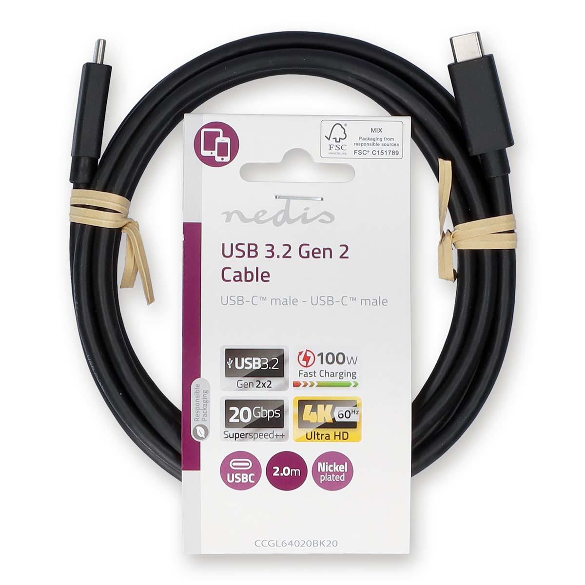 Nedis USB Cable | USB 3.2 Gen 2 | USB-C™ Male | USB-C™ Male | 100 W | 4K@60Hz | 20 Gbps | Nickel Plated | 2.00 m | Round | PVC | Black | Label