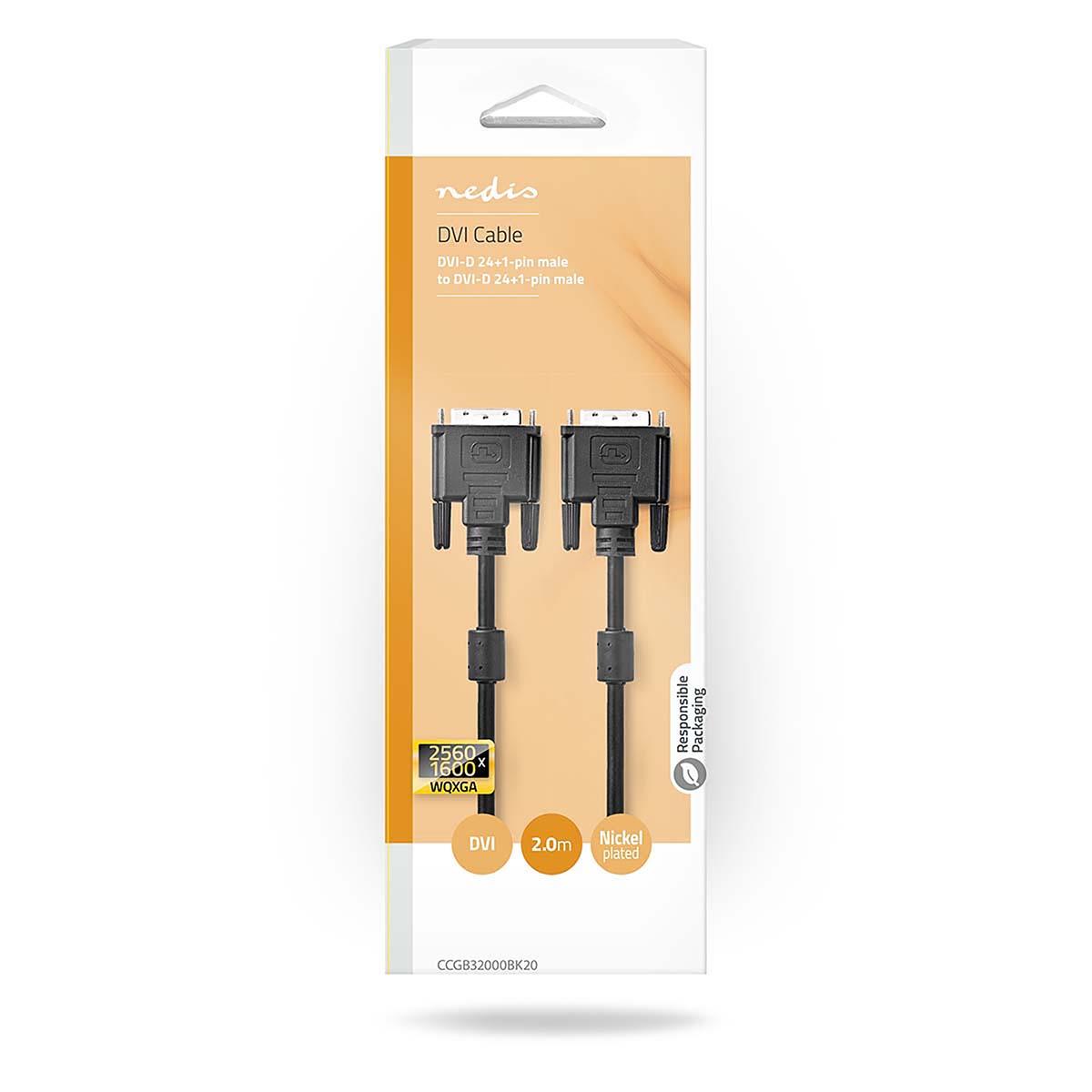 Nedis DVI Cable | DVI-D 24+1-Pin Male | DVI-D 24+1-Pin Male | 2560x1600 | Nickel Plated | 2.00 m | Straight | PVC | Black | Box