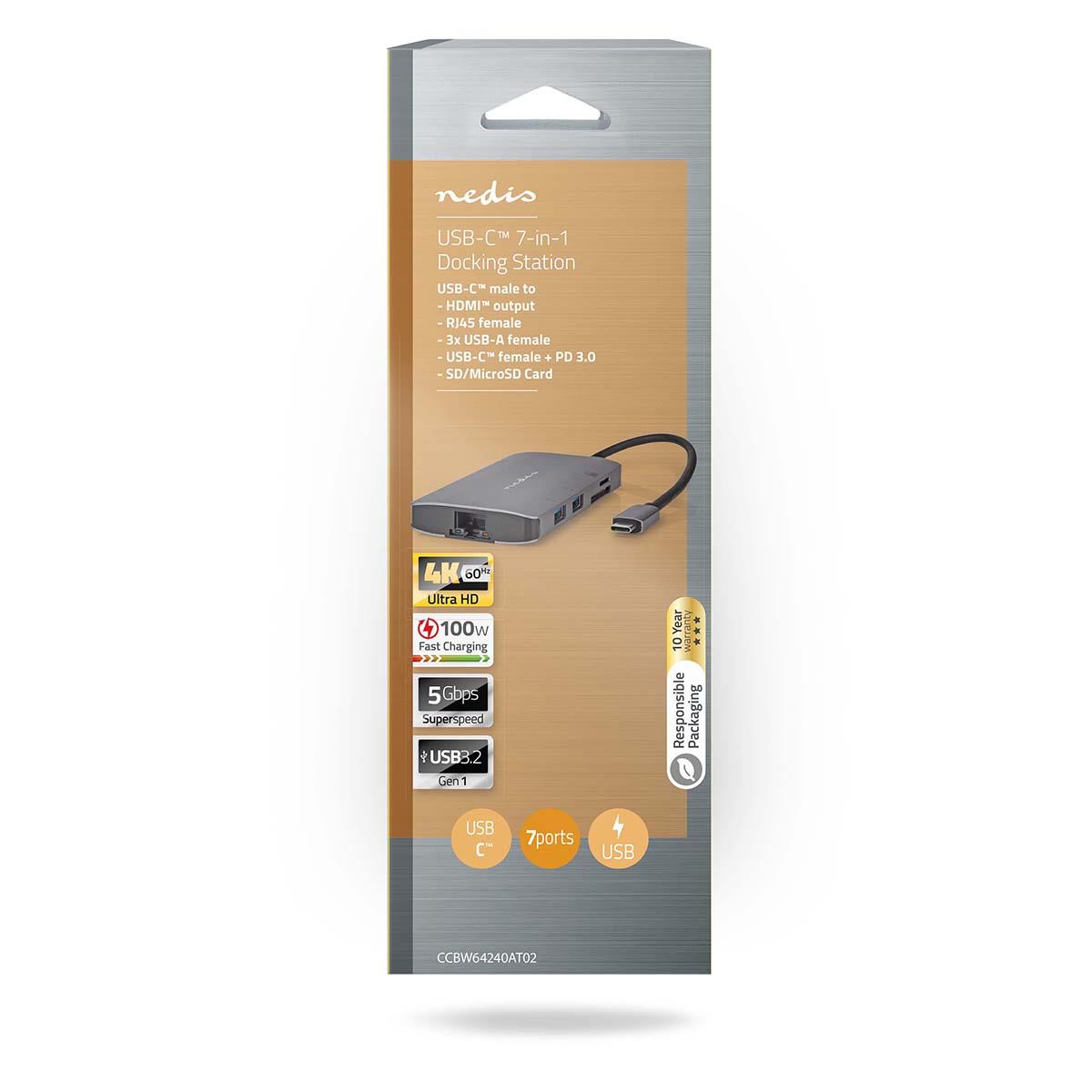 Nedis USB Multi-Port Adapter | 7-in-1 | USB 3.2 Gen 1 | USB-C™ Male | HDMI™ Output / Micro SD / RJ45 Female / SD / USB-C™ Female / 3x USB-A Female | 5 Gbps | 0.20 m | Round | Gold Plated | PVC | Anthracite | Box