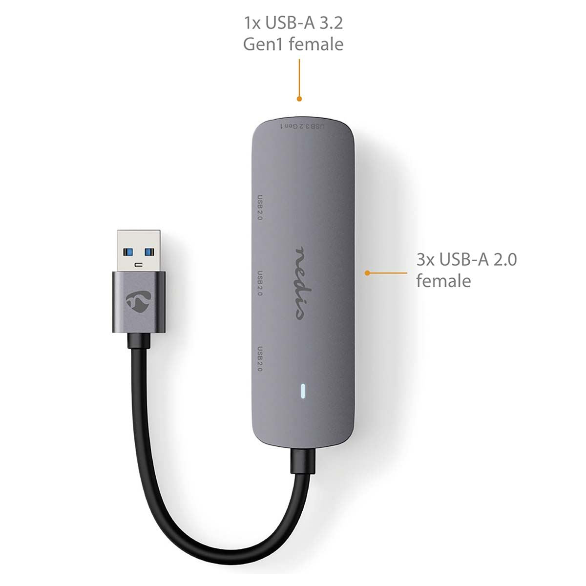 Nedis USB Hub | USB-A Male | 4x USB A Female | 4 port(s) | USB 2.0 / USB 3.2 Gen 1 | USB Powered