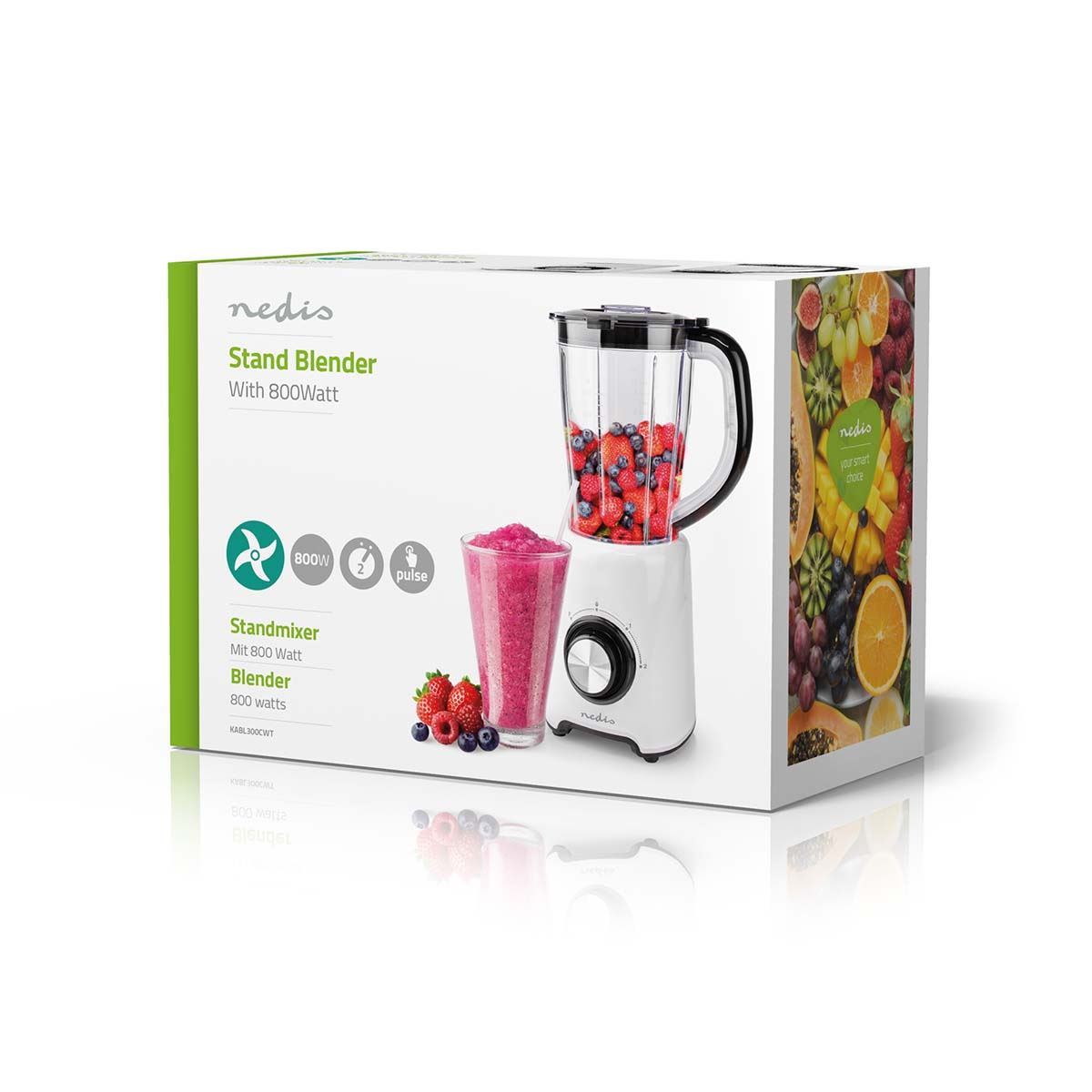Nedis Table Top Blender, 800W, with 1.5L Plastic Jug, 2 Speed Settings and Pulse Function, Ideal for Fruit Juice, Vegetables, Soup, Smoothies, Protein Shakes and more - White