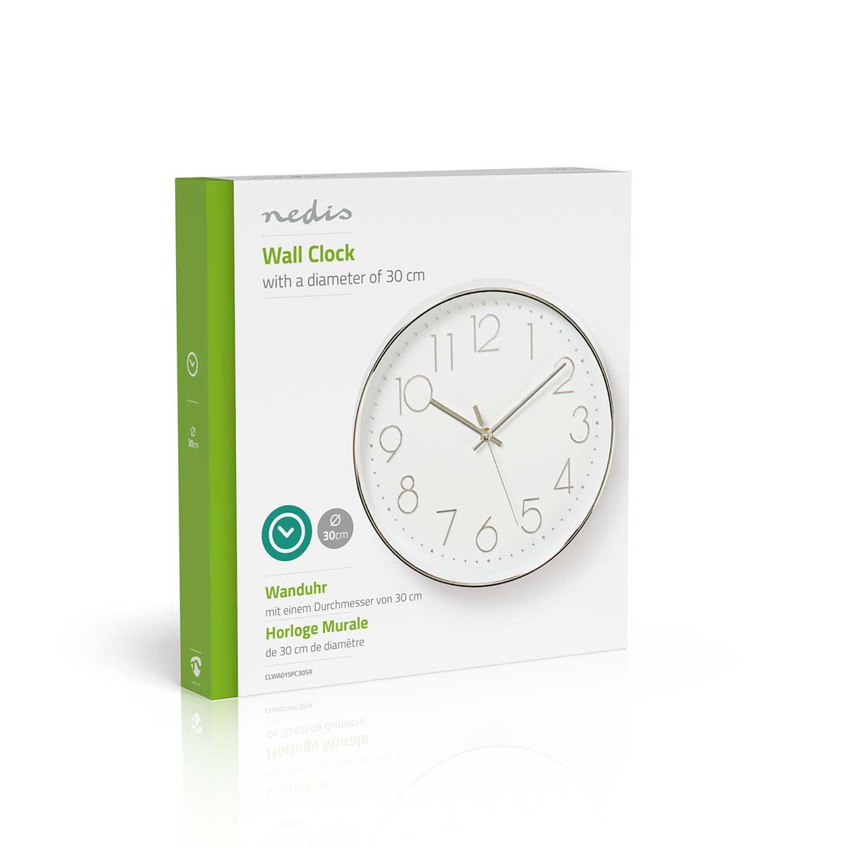 Nedis 30cm Wall Clock with Easy Read Numbers, Silent Movement, Battery Powered - Silver / White