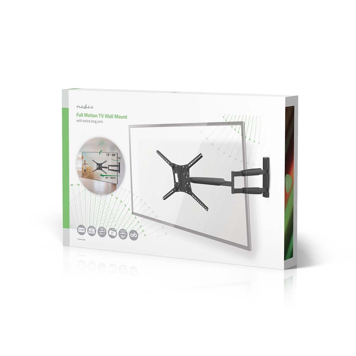 Nedis Full Motion TV Wall Mount | 13 - 86 " | Maximum supported screen weight: 60 kg | Tiltable | Rotatable | Minimum wall distance: 70 mm | Maximum wall distance: 1020 mm | 3 Pivot point(s) | ABS / Steel | Black