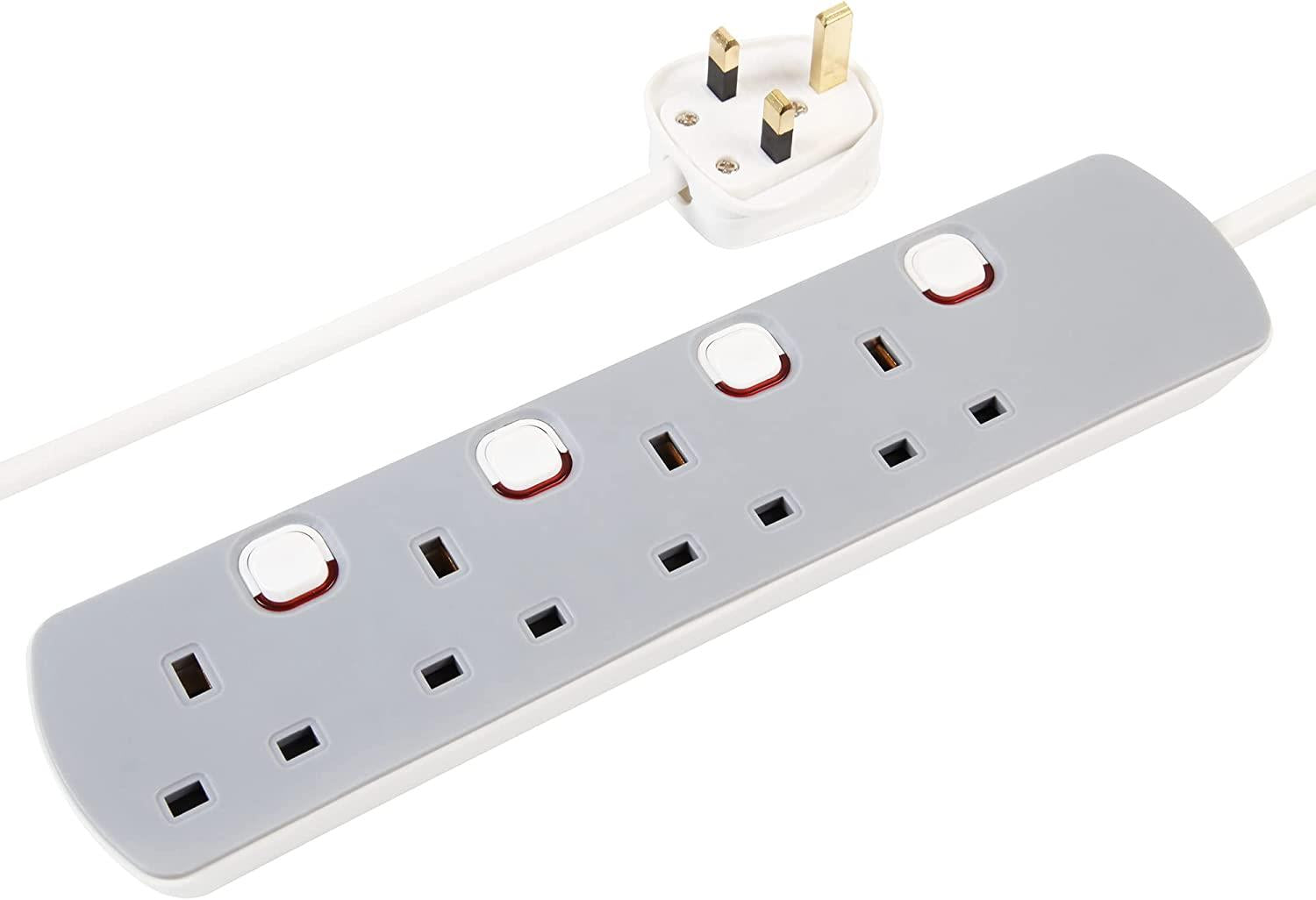 4 Gang 10m Mains Extension Lead Socket Individually Switched 13A - Grey