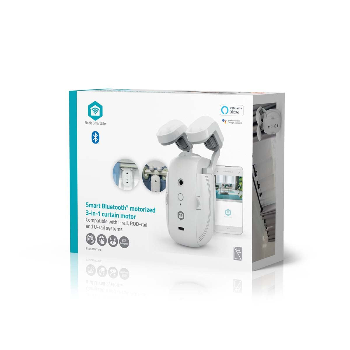 Nedis SmartLife Curtain Robot | I Rail / Rod Rail / U Rail | Curtains / Drapes | Battery Powered / USB Powered | 4000 mAh | Bluetooth® | White