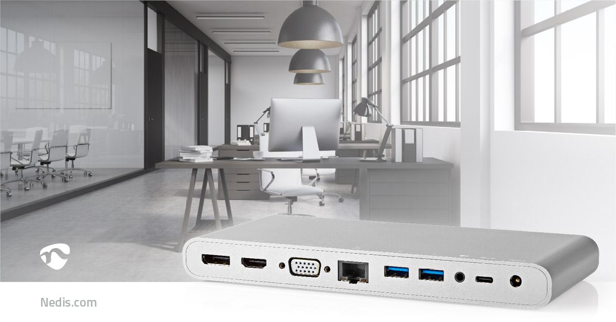 Nedis USB Docking Station | USB 3.2 Gen 1 | USB-C™ Male | DisplayPort Female / HDMI™ Output / RJ45 Female / VGA Female / 2x 3.5 mm Female / 2x USB-C™ / 4x USB-A | 0.20 m | Round | Nickel Plated | Braided / Nylon | White | Window Box with Euro Lock