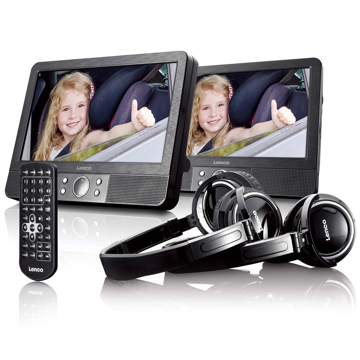 Lenco MES-415 9" Dual Car DVD Players with HDMI Input, 2 Headphones, Brackets, Remote, AV in & AV Out, USB/TF Card - Black