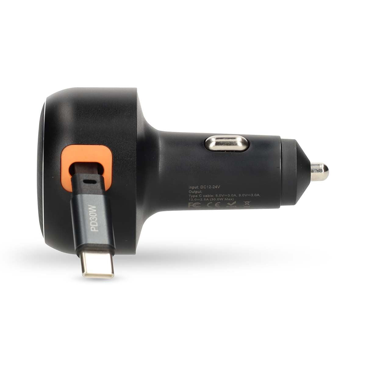 Nedis Car Charger | 30 W | 2.4 / 3.0 A | Number of outputs: 1 | USB-C™ Retractable Cable | 0.70 m | Automatic Voltage Selection
