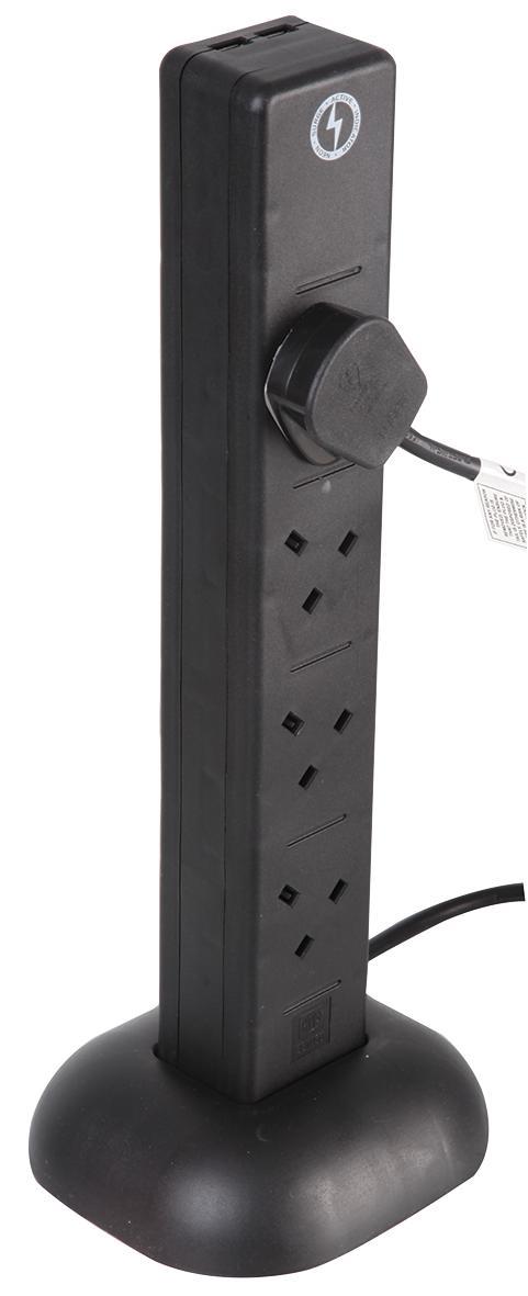 8 Gang Tower 1m Mains Extension Lead Socket Surge Protected 13A with USB Charge Ports - Black