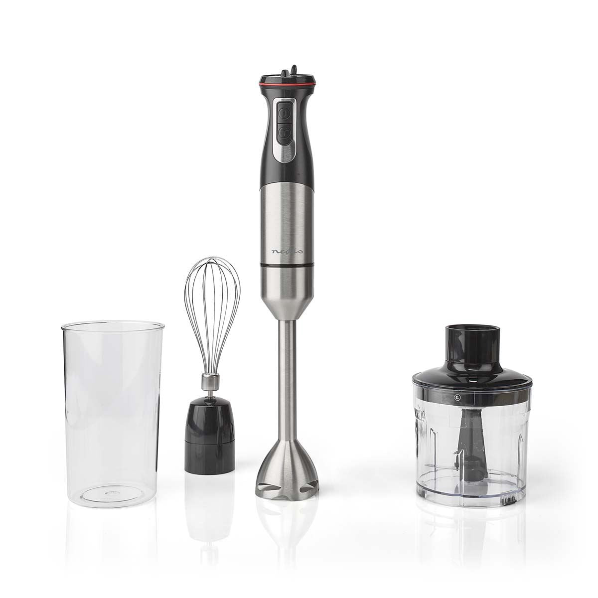 Nedis 3 in 1 Hand Blender, 800W Mini Chopper Food Processor, Immersion Blender and Electric Whisk, with 500ml Chopper Bowl and 900ml Beaker - Silver/Black
