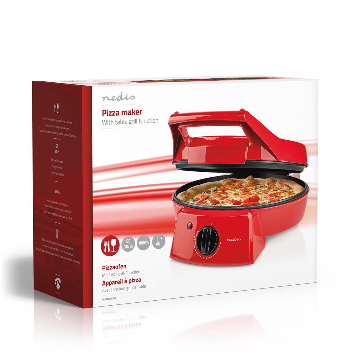 Nedis Electric Pizza Maker & Grill, 1800W, with Non-Stick 12" Plates, Adjustable Temperature & 180° Opening