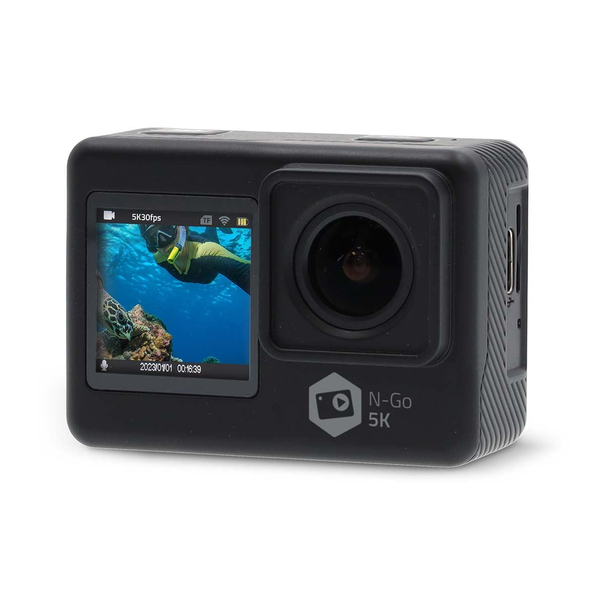 Nedis Dual Screen Action Cam, 5K Ultra HD 30fps, 16MP 170 Degree Wide Angle, Waterproof 30m, Wi-Fi Live Stream with 2" TFT Rear Screen & 1.3" Front Screen, Built-in Mic, Mounting Kit Included