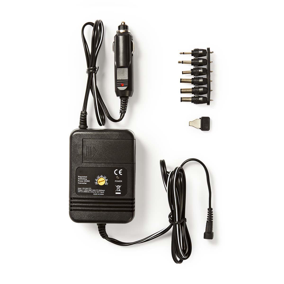 Nedis Universal DC/DC Power Adapter | Car Adapter | 24 W | Input voltage: 12 V DC / 24 V DC | 1.5 / 3 / 4.5 / 6 / 7.5 / 9 / 12 V DC | Maximum output current per port: 2.0 A | Black