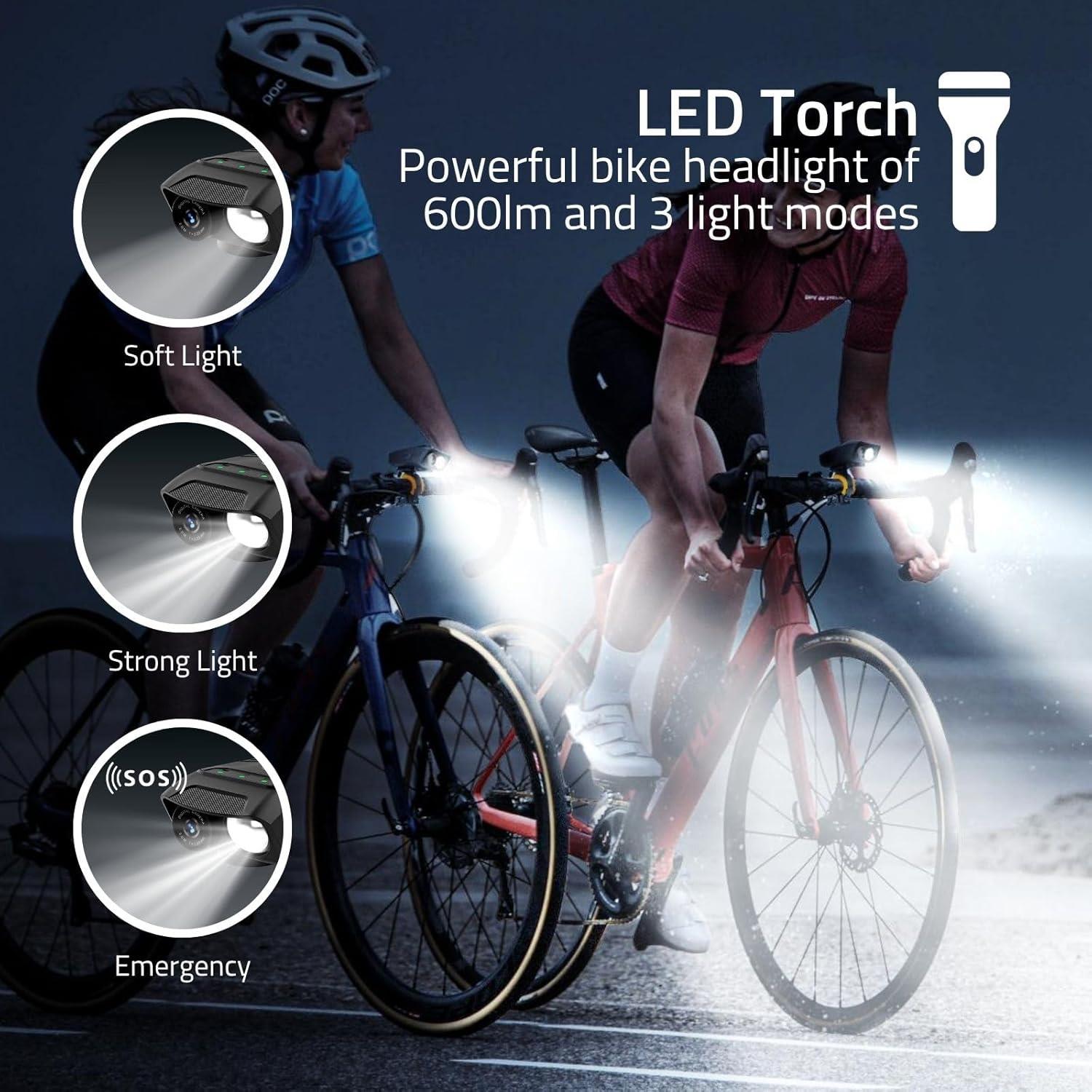 Nedis 3-in-1 Full HD Cycling Camera with Bike LED Head Light & Horn, 1080p 2MP, 600lm Night Mode, Waterproof, USB-C, 10hr Battery, MicroSD Slot � Black