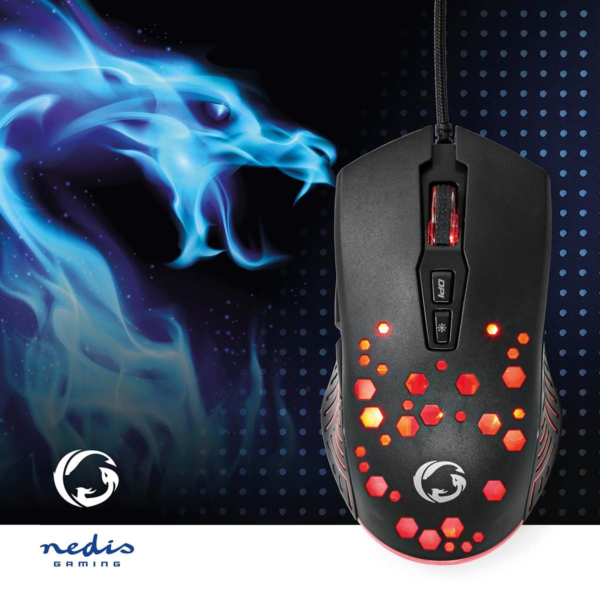 Nedis Gaming Mouse | Wired | 800 / 1200 / 2400 / 3200 / 4800 / 7200 dpi | Adjustable DPI | Number of buttons: 7 | Programmable buttons | Right-Handed | 1.50 m | RGB