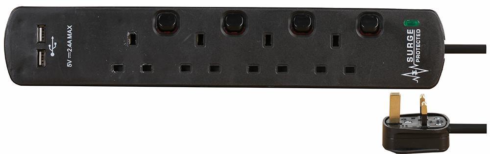 4 Gang 2m Mains Extension Lead Socket Individually Switched 13A with Surge Protection & USB Ports - Black