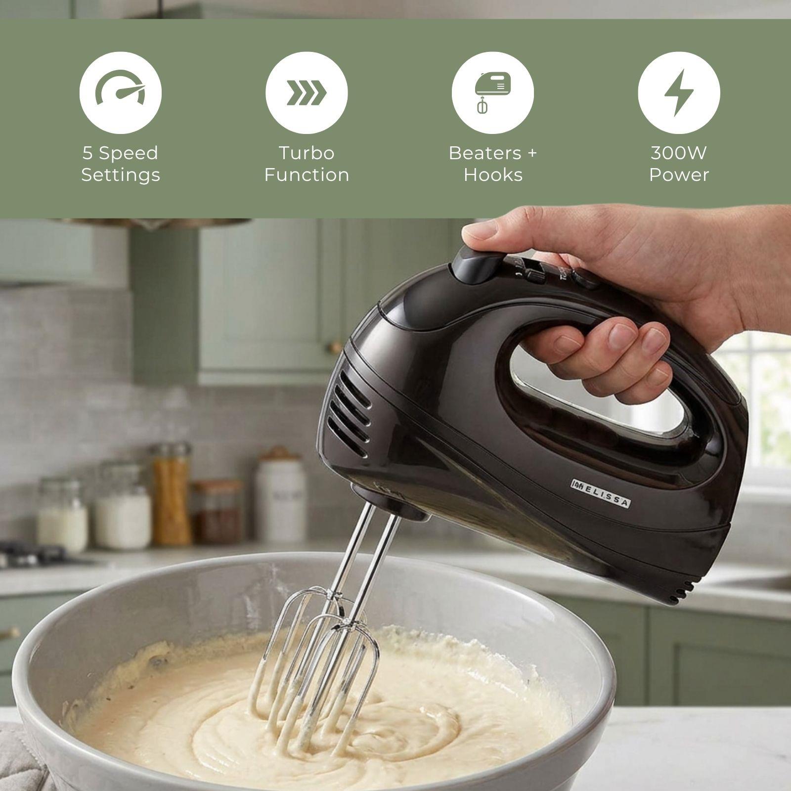 MELISSA Electric Hand Mixer with 5 speeds & turbo setting, 2 chrome plated beaters, all dishwasher safe, Easy release button, 300w - Black