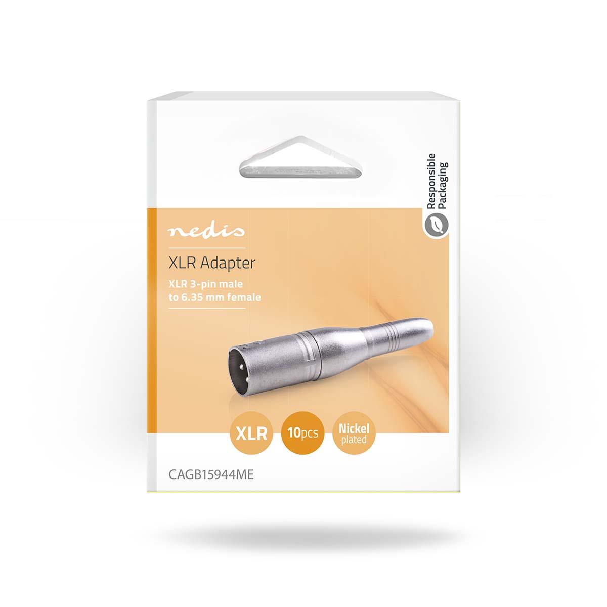 Nedis XLR Adapter | XLR 3-Pin Male | 6.35 mm Female | Nickel Plated | Straight | Metal | Silver | 10 pcs | Box