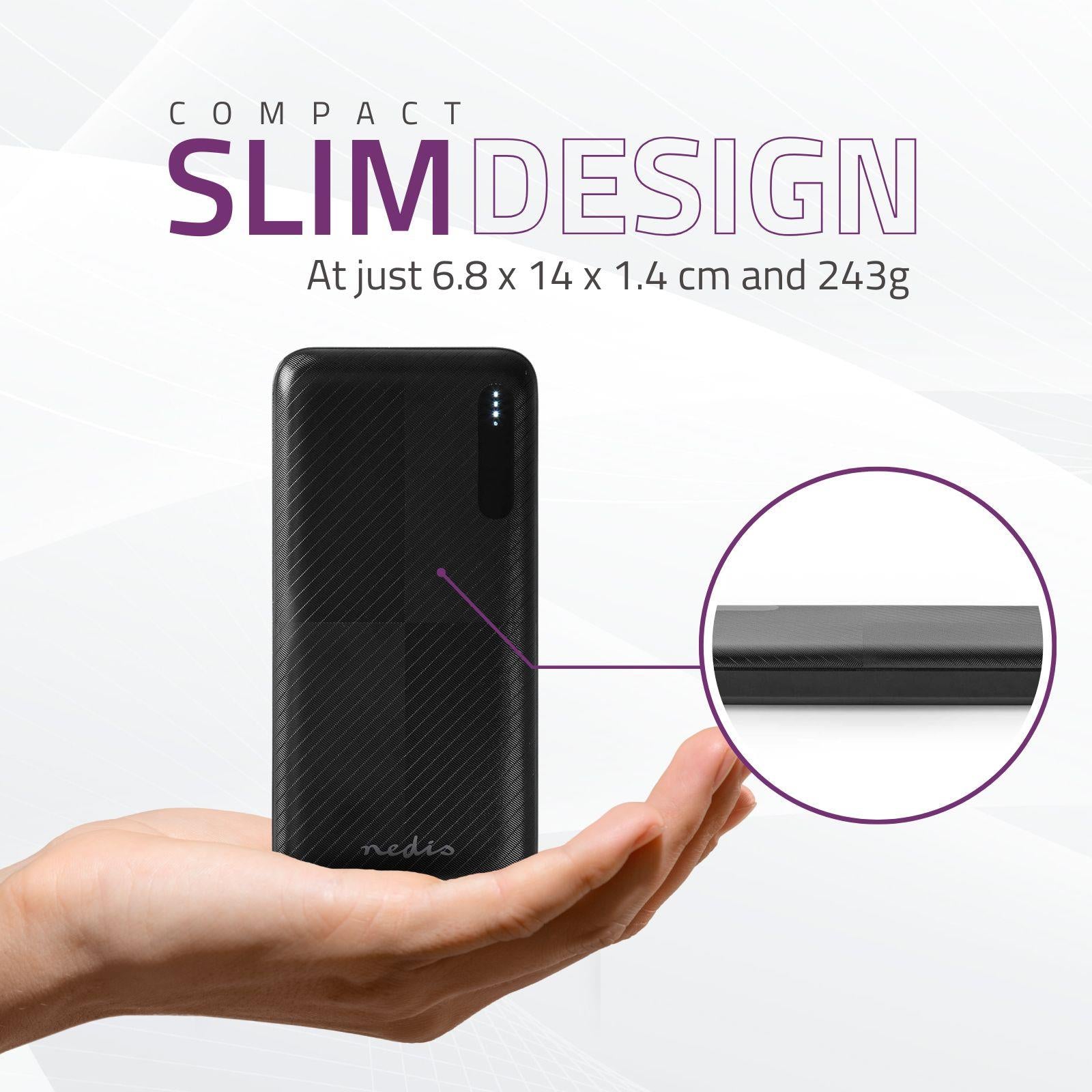 Nedis Powerbank | 10000 mAh | 1.5 / 2.0 / 3.0 A | Number of outputs: 2 | Output connection: 1x USB-A / 1x USB-C™ | Input connection: 1x Micro USB / 1x USB-C™ | PD2.0 18W | Lithium-Polymer