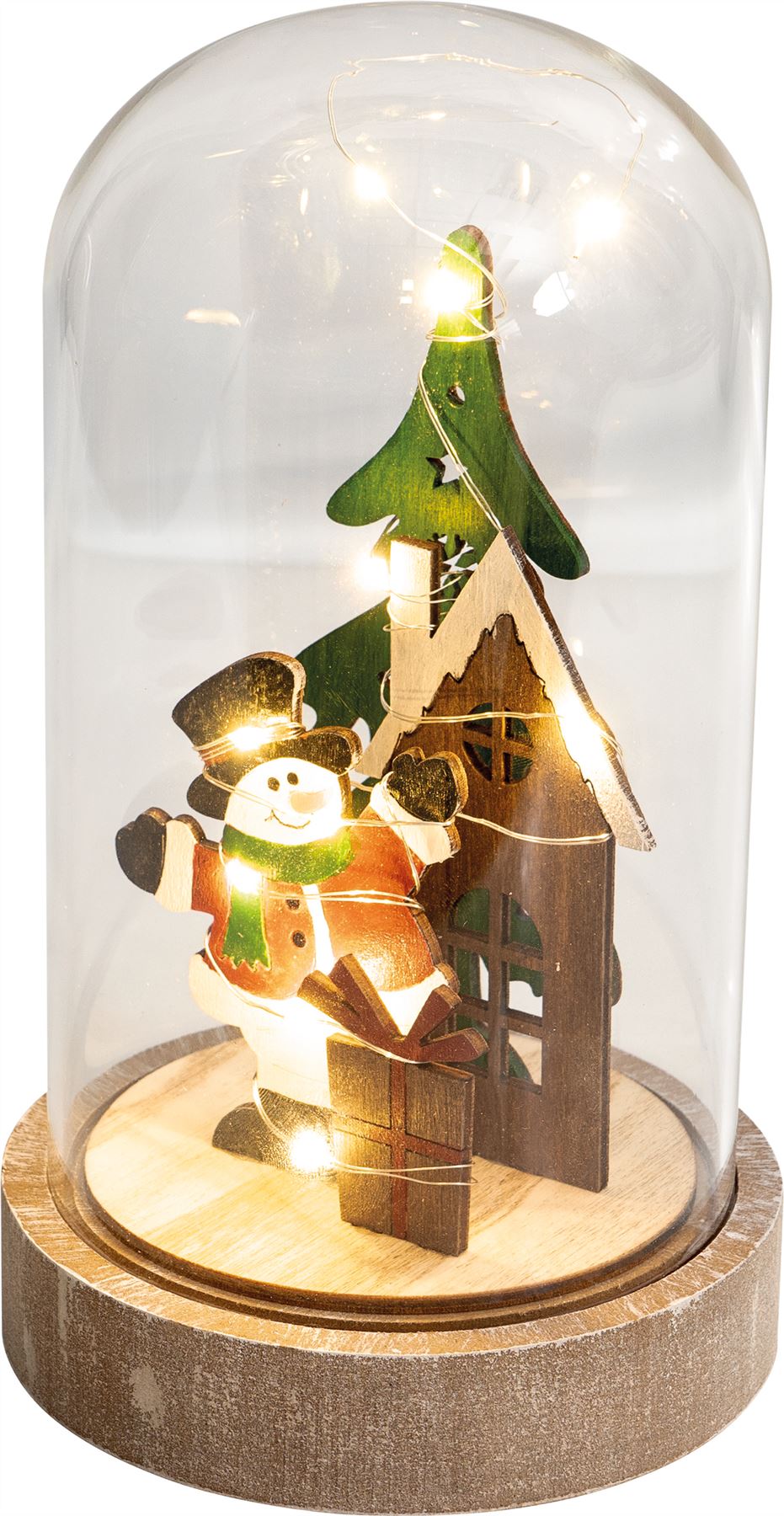 Light Up Cloche Snowman Christmas Scene with Glass Dome and Wire LED Lights Battery Powered