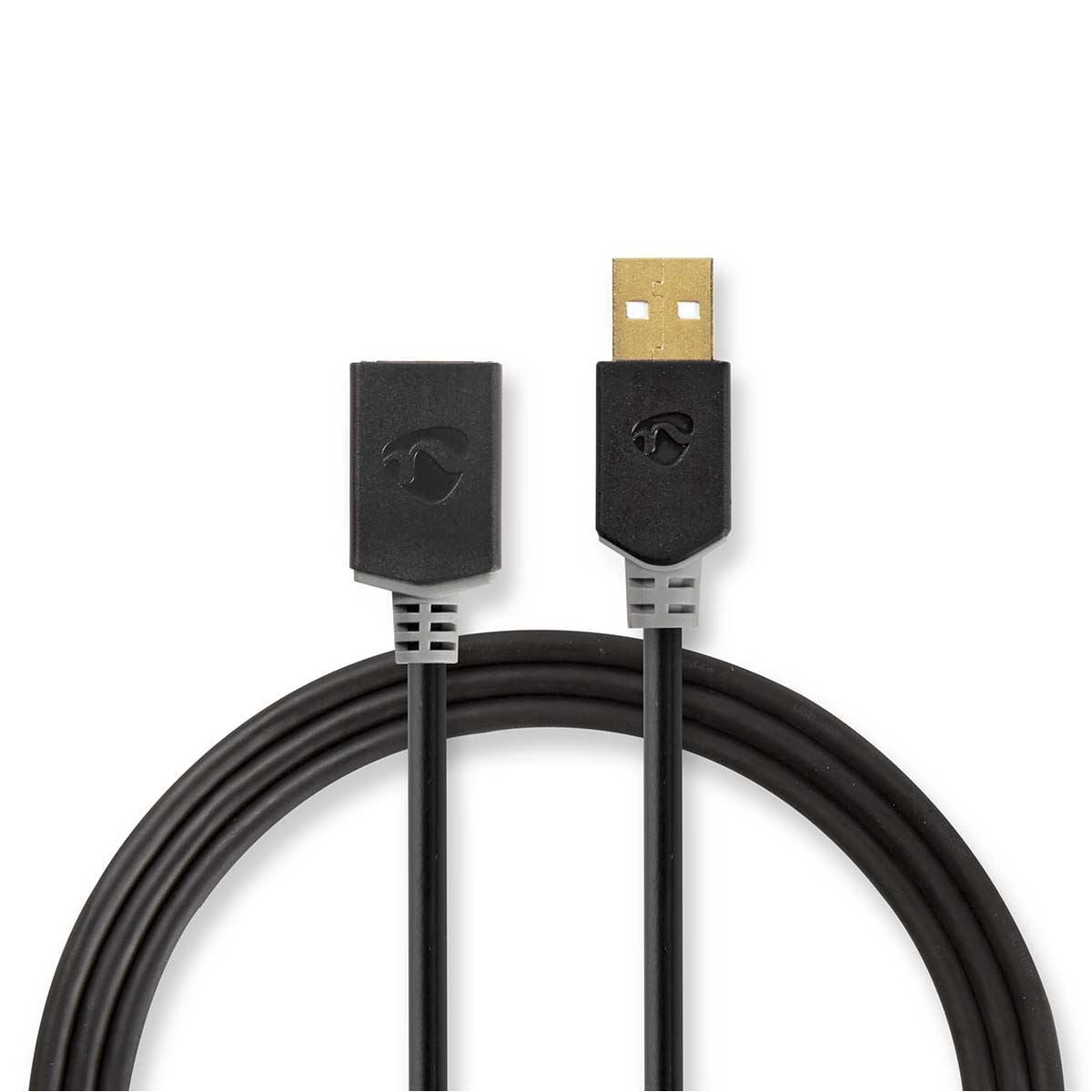 Nedis USB Cable | USB 2.0 | USB-A Male | USB-A Female | 480 Mbps | Gold Plated | 2.00 m | Round | PVC | Anthracite | Box