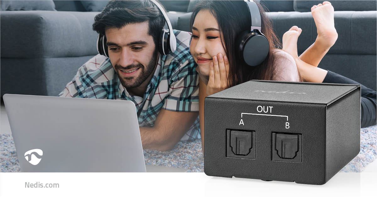 Nedis Digital Audio Splitter | 2-way | Connection input: TosLink Female to Connection output: 2x TosLink | Push Button | Metal | Black