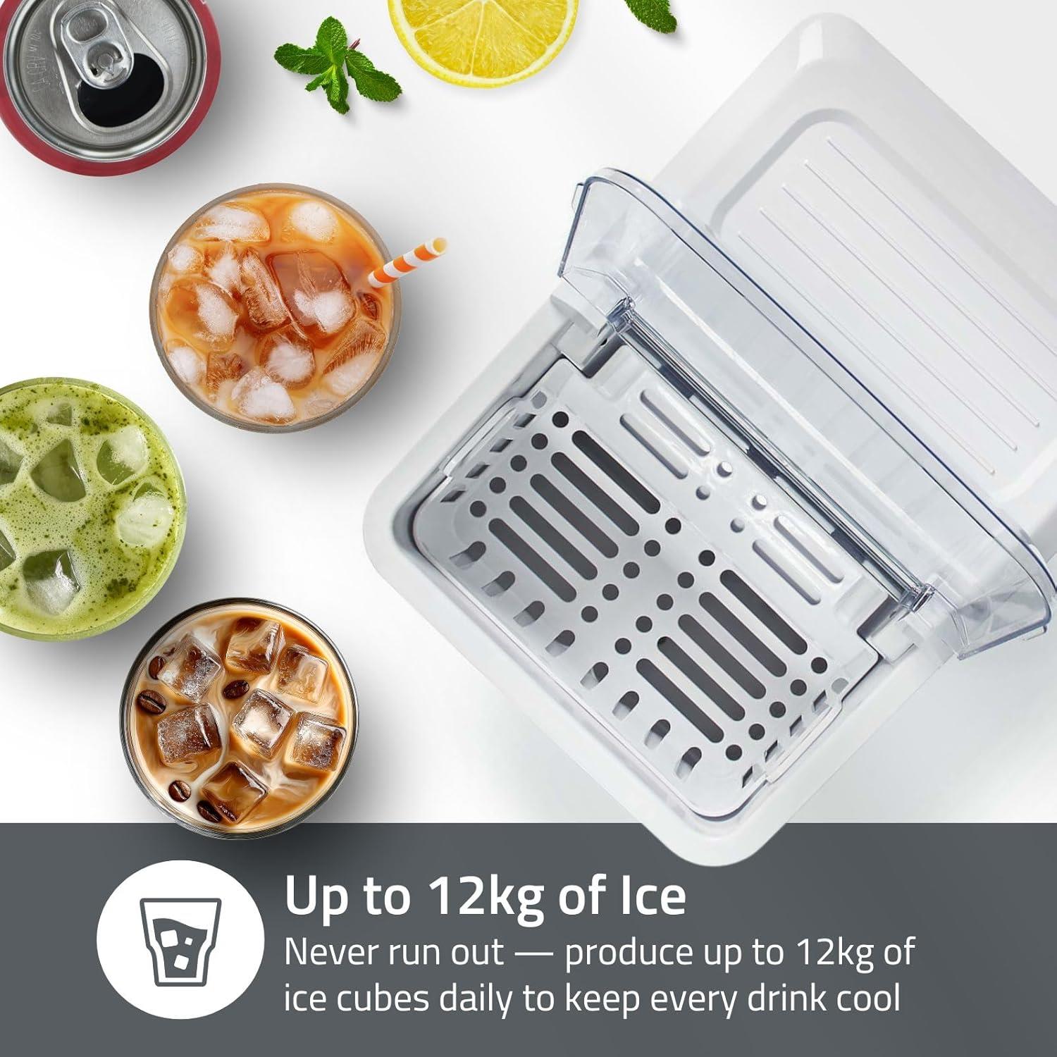 Nedis Ice Maker, Countertop Machine With 1.6L Tank, Up to 12 kg of Ice in 24hrs, Includes Removable Basket, Produces Ice Cubes in 8 Minutes - White
