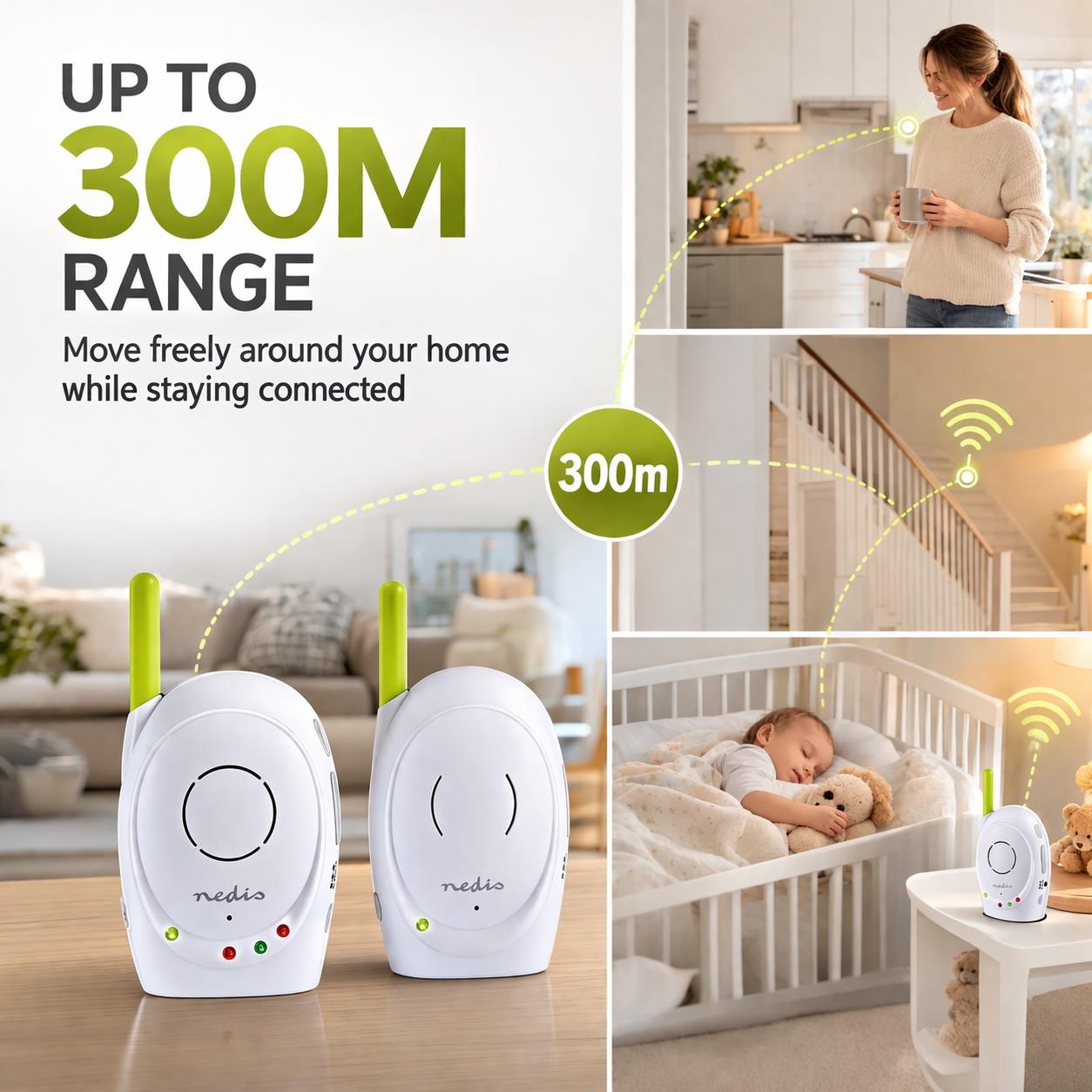 Nedis Audio Baby Monitor - Wireless Baby Phones with Intercom and 300m Range - Set of 2 - Green/White