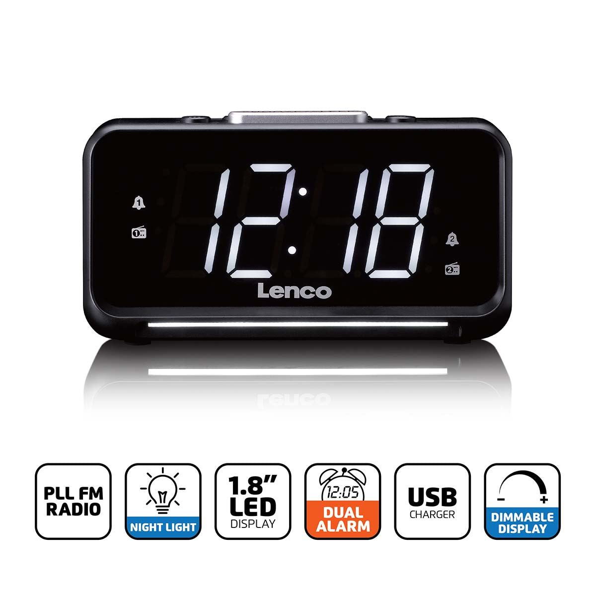 Lenco FM Alarm Clock Radio with Night Light | Black