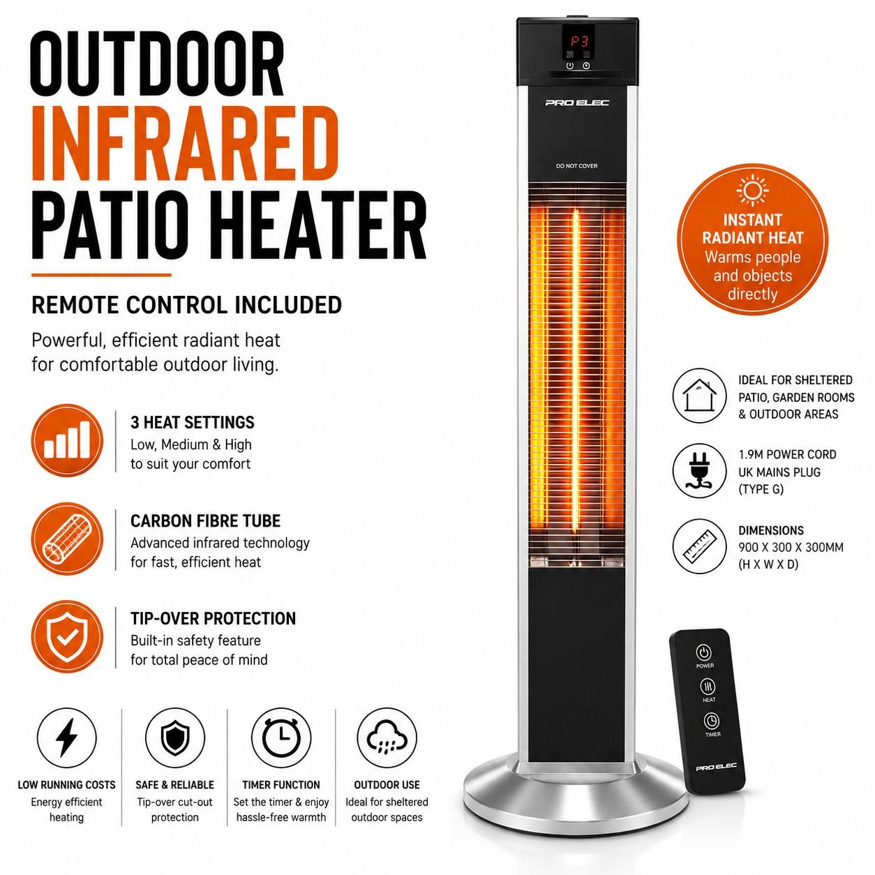 Free Standing Infrared Patio Heater - Carbon Fibre Outdoor Heater with Remote Control, 3 Heat Settings, Tip-Over Protection