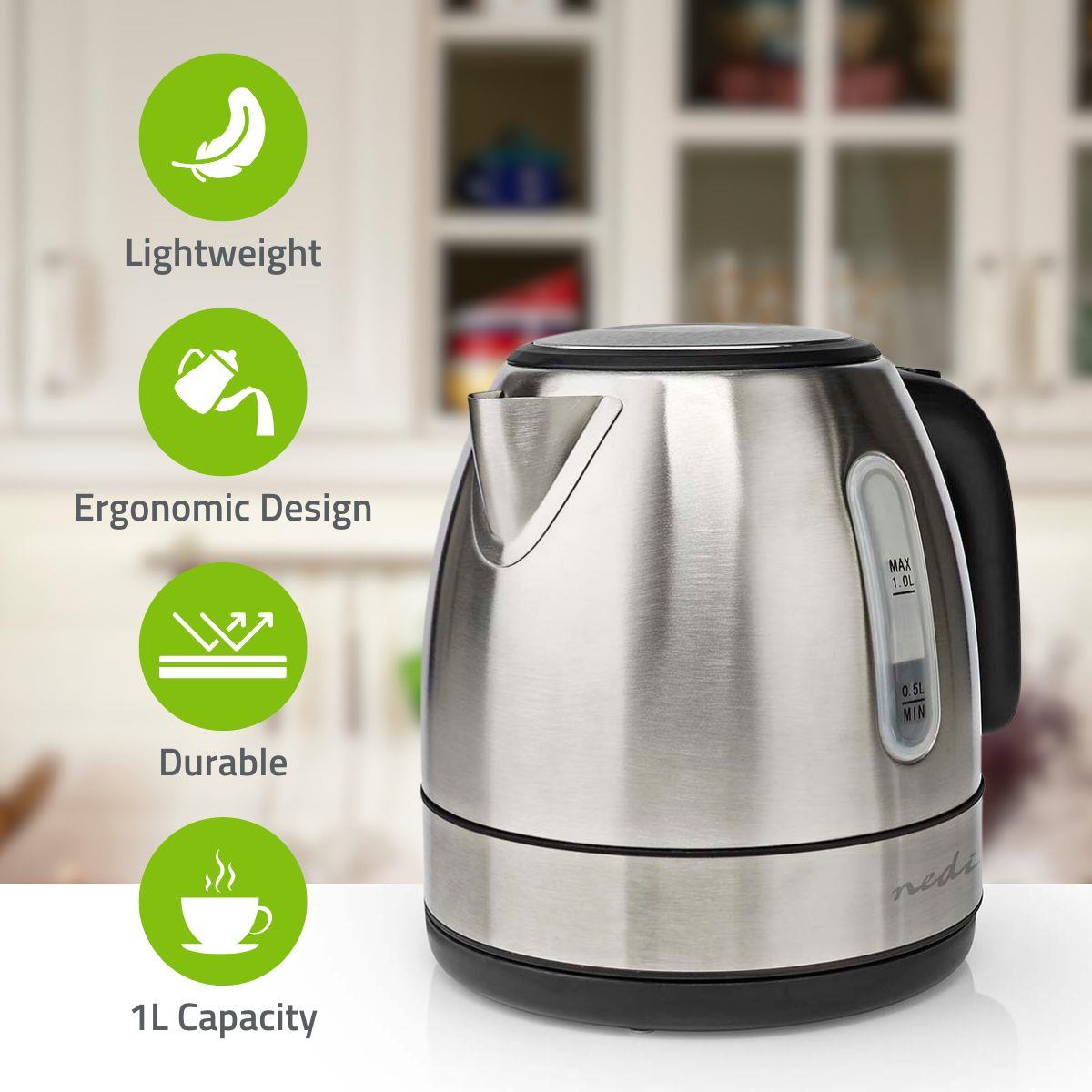 Nedis Electric Kettle, 1.0L Capacity with Quick Boil Time, Boil-Dry Protection and Removable Filter for Fresher Water, 2150W - Silver