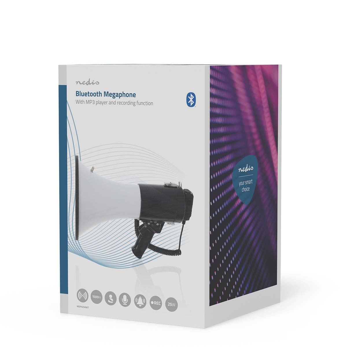 Nedis Megaphone | Maximum range: 1500 m | Maximum Volume control: 120 dB | Detachable Microphone | Built-in siren | Bluetooth® | Recording function | USB playback | Shoulder strap | Black / White