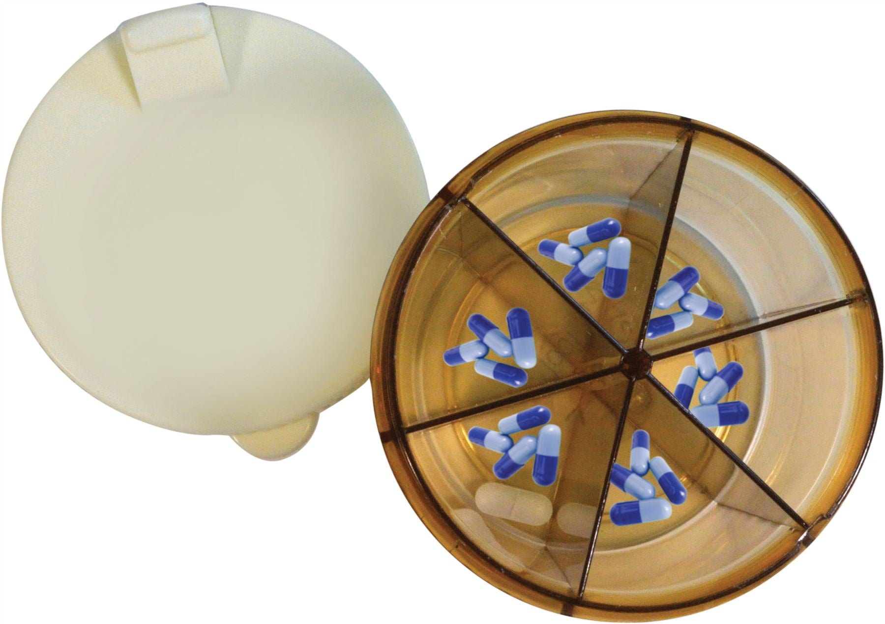 6 Section Pill Dispenser Tablet Box Organiser, Rotating top and Flip Up Lid Transparent Design Specifically Designed for Larger Tablets and Vitamins Medication Management Weakened Grip Friendly