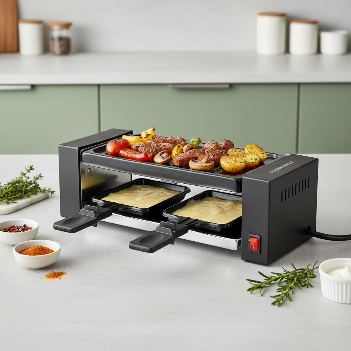 MELISSA Electric Raclette Gourmet Grill, 2 Person Indoor Non-Stick Tabletop Cooker, Removable Hot Plate, with 2 x Mini Cheese Pans & Spatulas, 400W