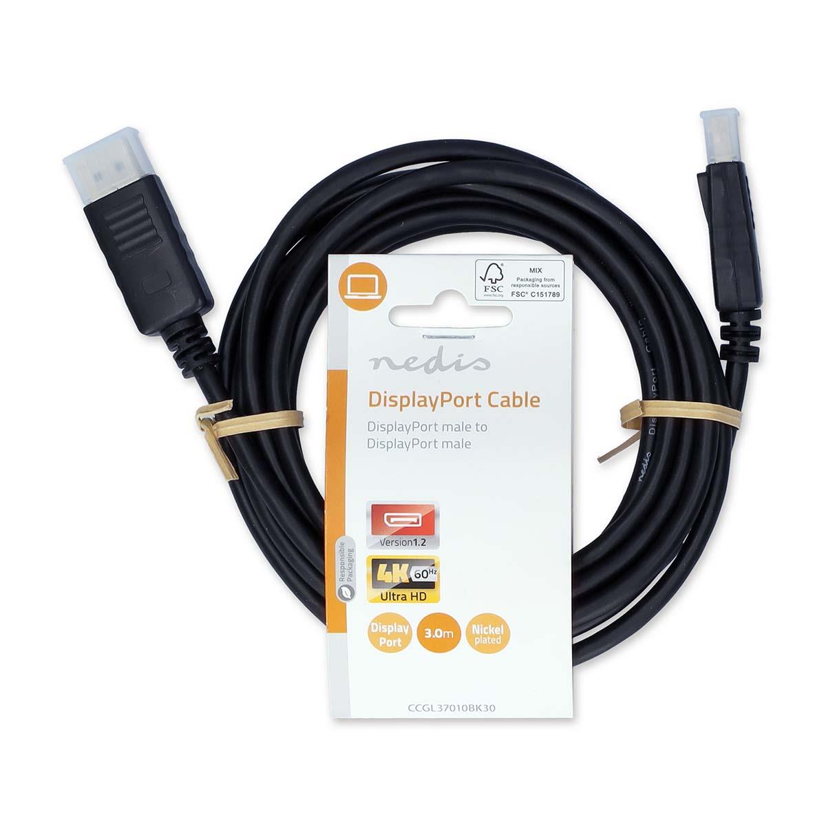 Nedis DisplayPort Cable | DisplayPort Male | DisplayPort Male | 4K@60Hz | Gold Plated | 3.00 m | Round | PVC | Black | Label
