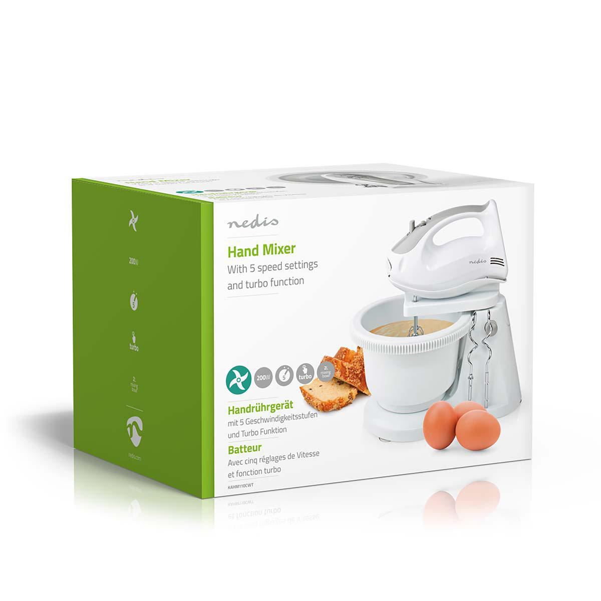 Nedis Electric Hand Mixer, 5 Speed with Turbo Button, with 2L Turning Bowl, Stainless Steel Beaters and Dough Hooks, 200W - White