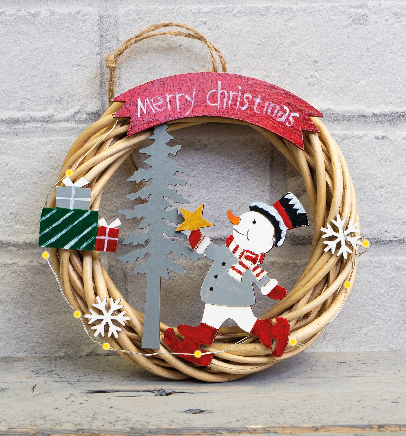 Festive Wicker Christmas Wreath with Snowman Design and LED String Light Battery Powered