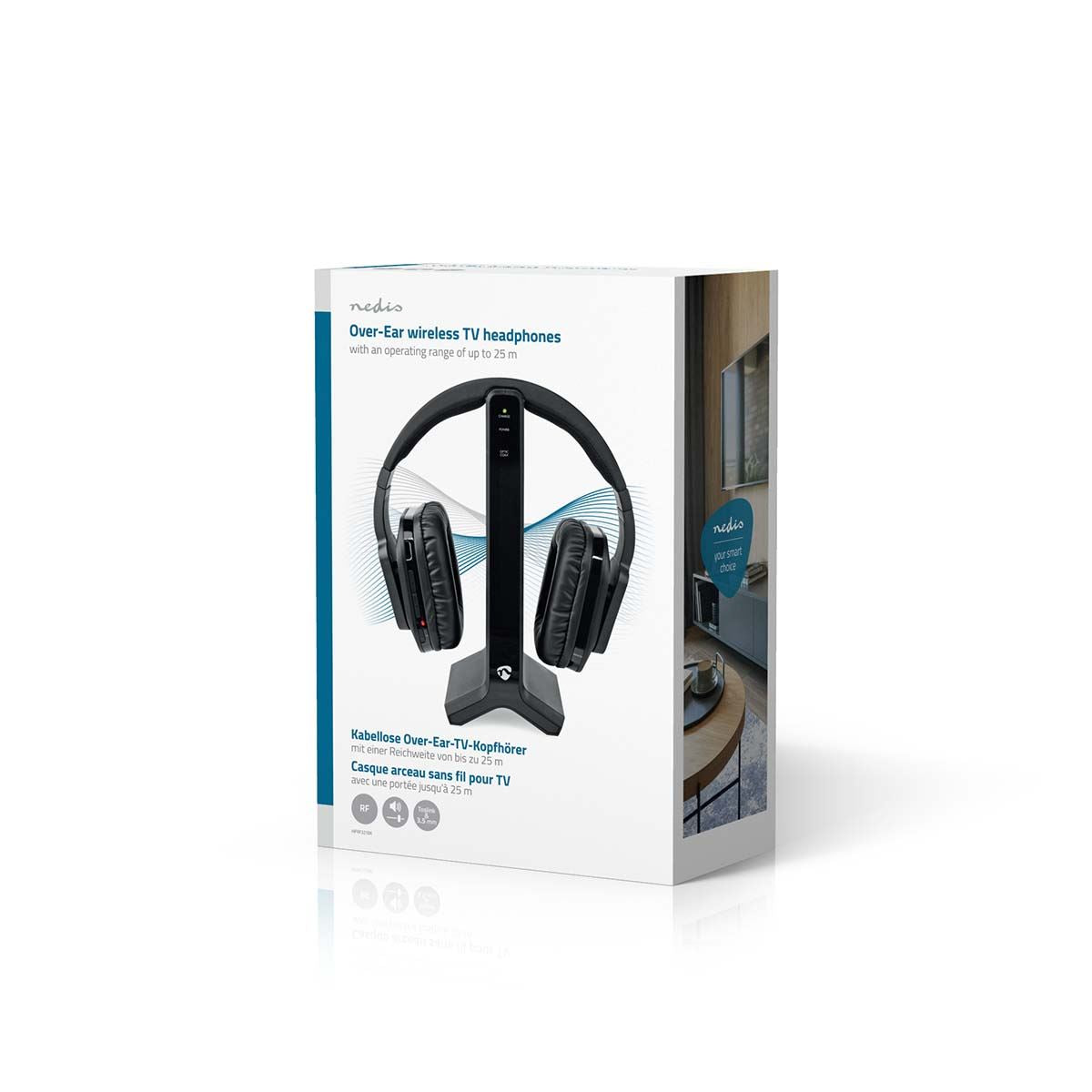 Nedis Wireless RF TV Over-Ear Headphones with Charging Base, 25m Range, Volume Control, Toslink/Coax/RCA/3.5mm Input