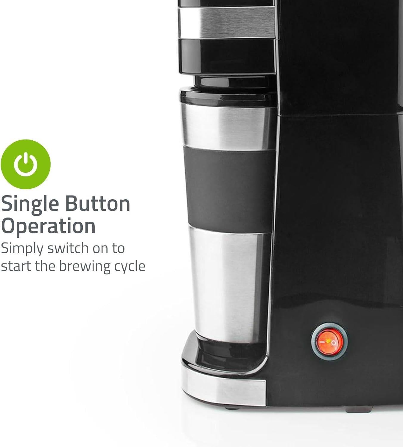 Nedis Single Serve 1 Cup Electric Filter Coffee Maker + 0.42L Double Wall Travel Mug - Black